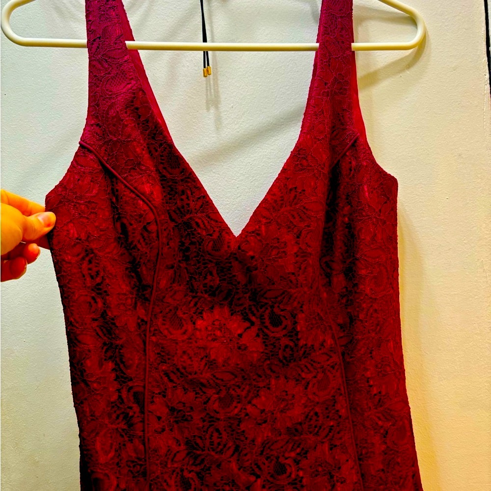 Gorgeous low V cut, sleeveless fit and flare burgundy gown